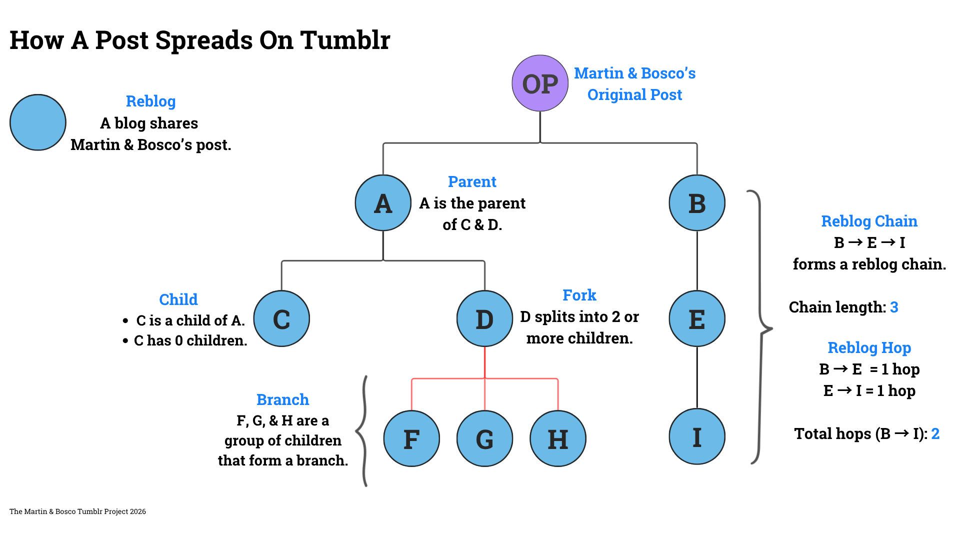 The network diagram shows how a post spreads through reblogs on Tumblr. A single original post sits at the start. Each reblog creates a new node connected to the post it came from. Chains form when reblogs continue in sequence. Branches form when multiple reblogs come from the same post. A reblog hop is one step between connected reblogs.